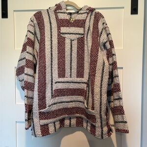 Men's Burgundy and White Striped Crewneck Sweater